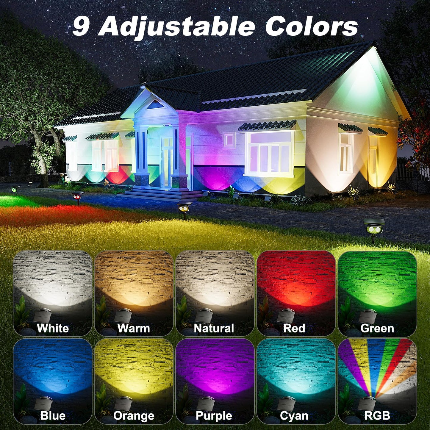 Mofoyeah 4 Pack Solar Spot Lights Outdoor Waterproof Ip68  Super Bright Led Landscape Lighting With 9 Colors 3 Brightness Fixable Colors For Yard Pathway Garden House Lawn