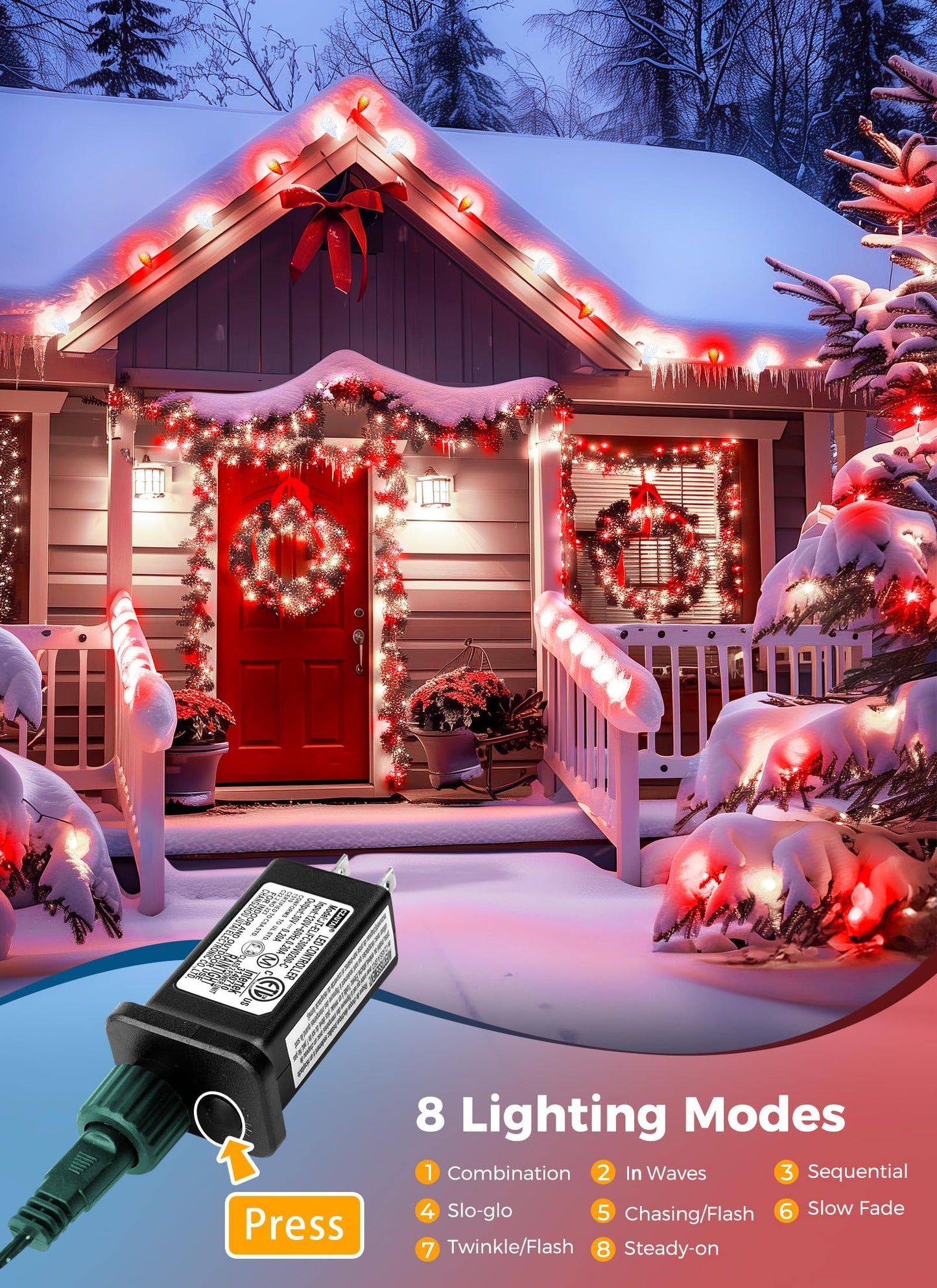 C9 Christmas Lights Outdoor Waterproof  114 Feet 150 Led C9 String Light With Timer & 8 Light Mode  Connectable Christmas Tree Lights For House Outside Roofline Indoor Decoration  Red & Pure White