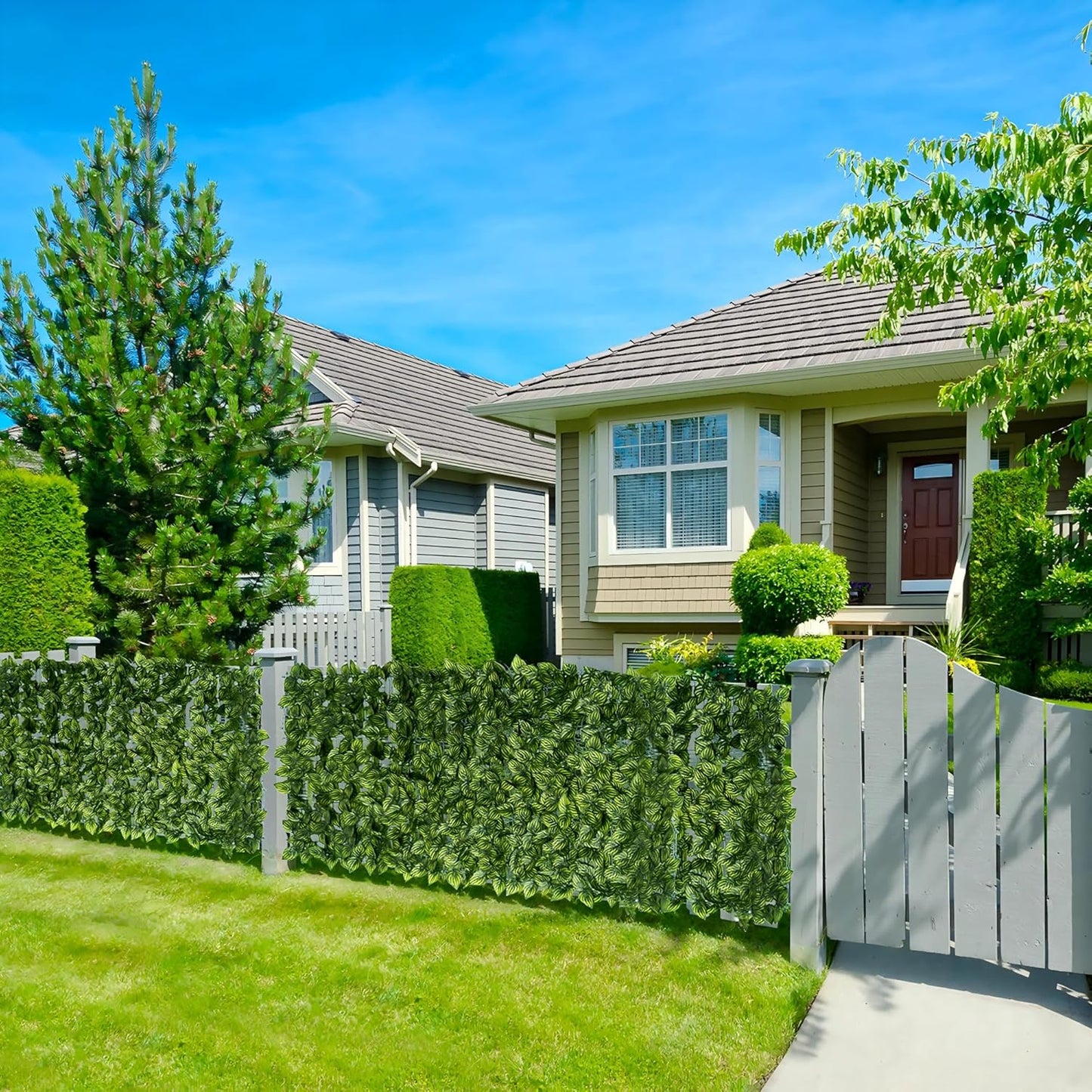 Artificial Ivy Privacy Fence Screen, 39.4x354.3 inch Artificial Faux Ivy Hedge, Expandable Faux Privacy Fence with 80 pcs Zip Ties Decoration for Outdoor Garden, Color Printing Watermelon Leaves
