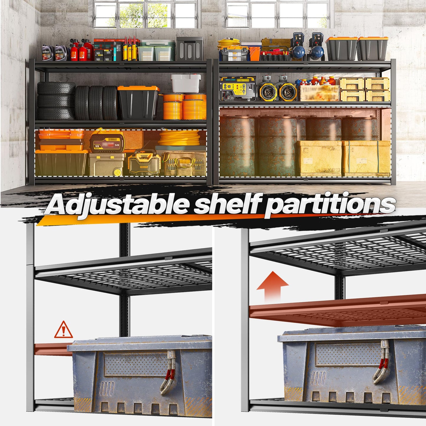 REIBII Garage Shelving 3500LBS, 6 Tier Storage Shelves, Adjustable Heavy Duty Shelving Unit, Metal Shelf for Warehouse, Basement, Pantry, Factory, 55" W x 26" D x 84" H, Black