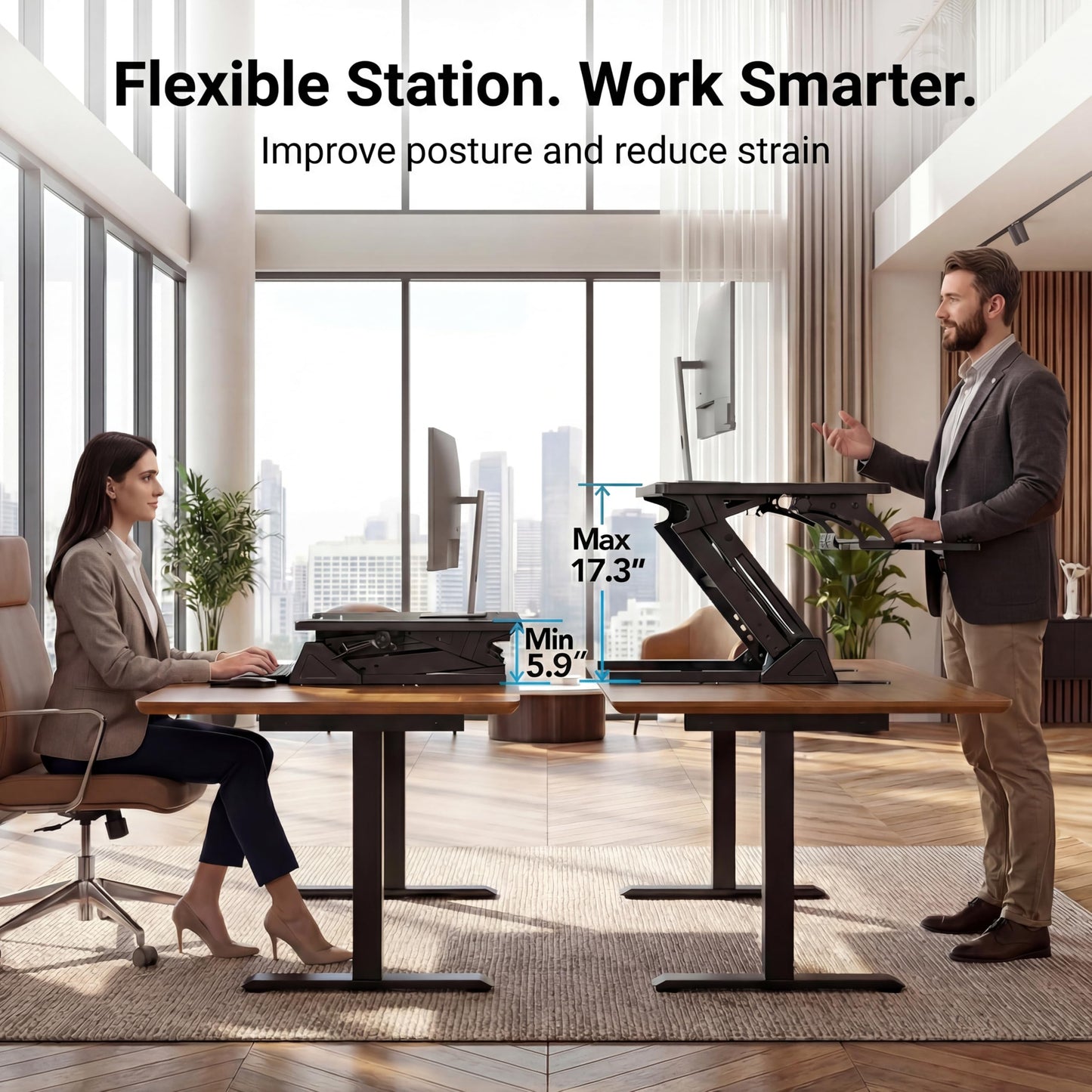 HUANUO 36" Z Shaped Stable Standing Desk Converter, Height Adjustable Sit Stand Up Desk Riser, Dual Monitor and Laptop Workstation with Wide Keyboard Tray, Desk Lifter for Home Office