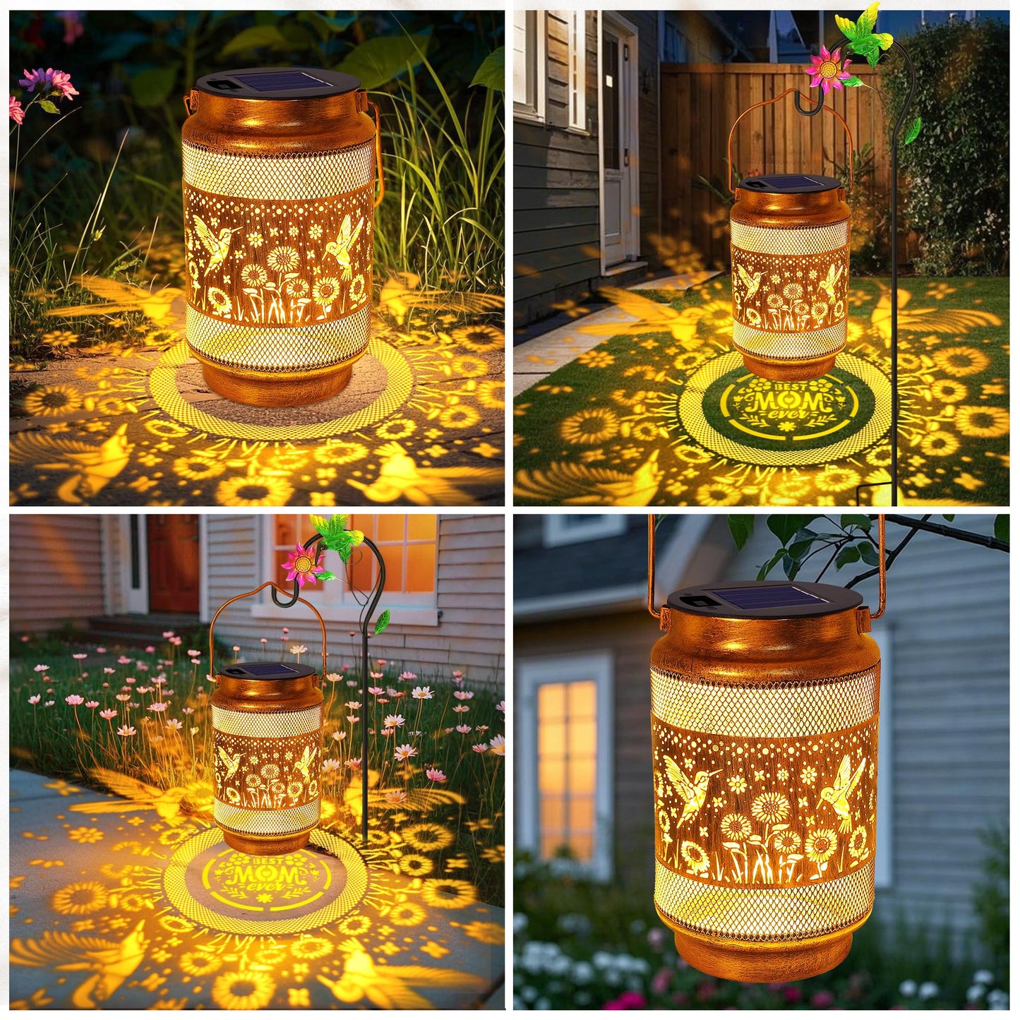 Gifts For Mom  Mom Gift Solar Lanterns Outdoor  Mother Birthday Gift From Daughter Son  Metal Solar Hanging Hummingbird Lights With Shepherd Hook For Outside Garden Yard Patio Pathway (2 Pack)