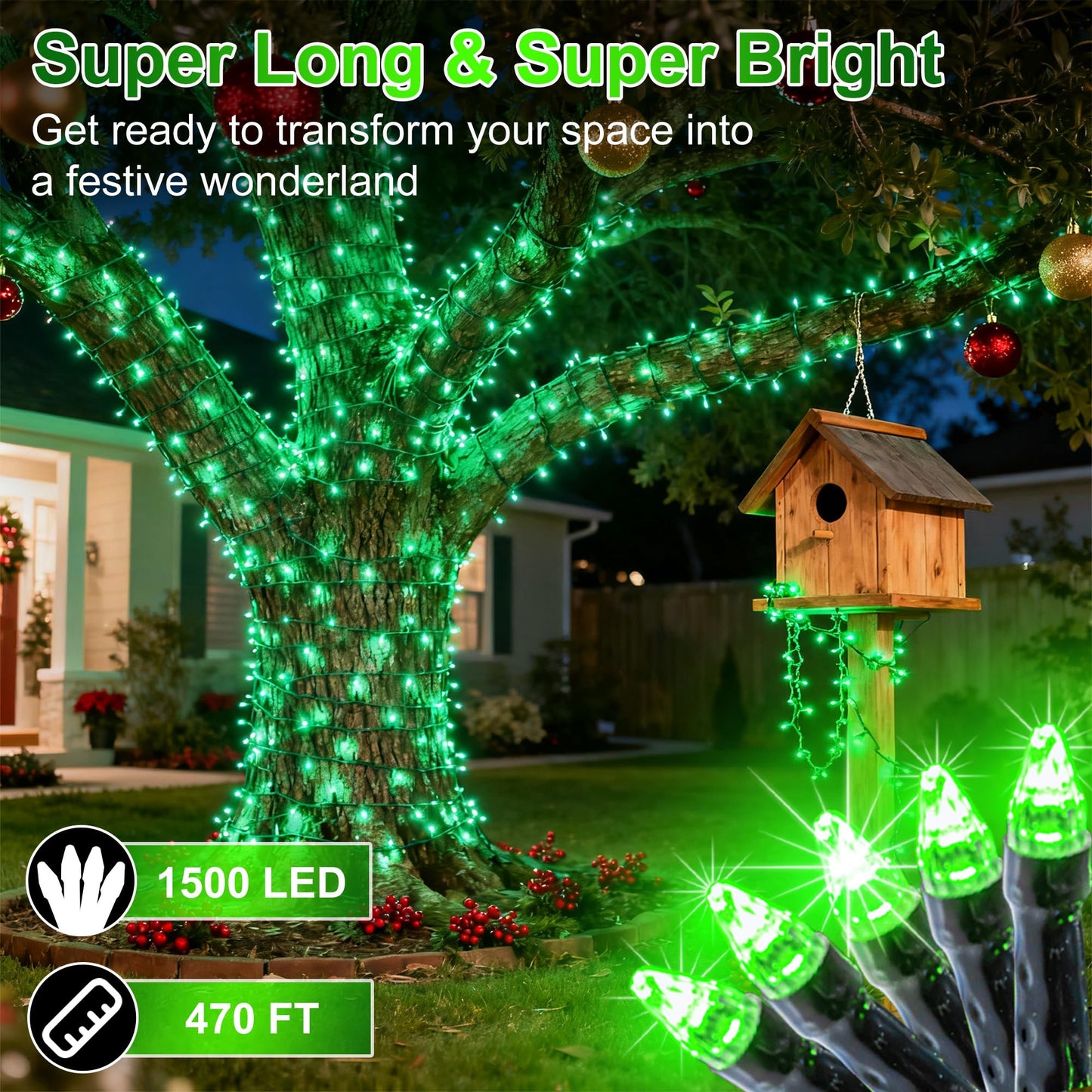 1500 Led 470Ft Christmas String Lights Outdoor  12 Pro Modes And Timer Memory & Brightness  Plug In Waterproof Dark Green Wire Twinkle Light For For Xmas Yard Tree Wedding Party Decor (Green)