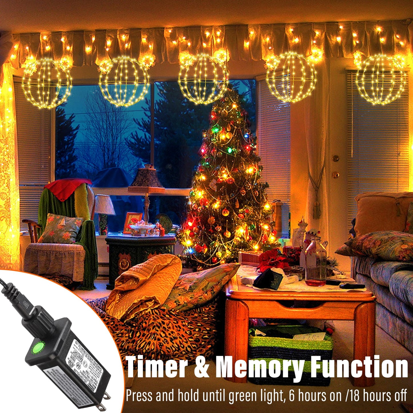 Flacchi Set Of 2 Christmas Hanging Ball Lights - 2 Sizes Of Connectable Hanging Tree Globe Fairy Lights With 8 Lighting Modes Timing Function Waterproof Indoor Outdoor (Warm White)