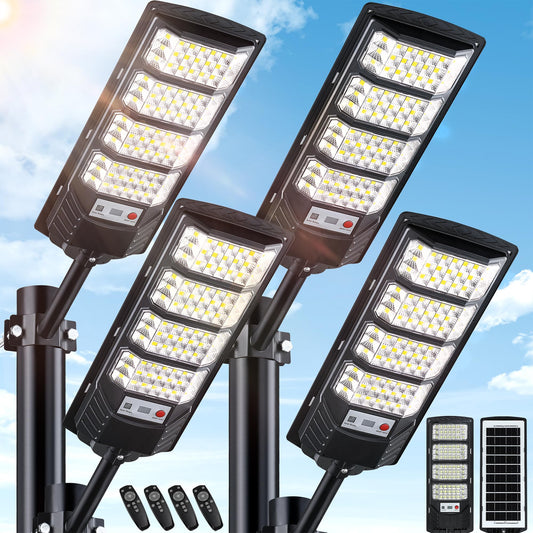 4 Pack Solar Street Lights Outdoor Waterproof  20000Lm 6500K Led Solar Motion Sensor Light Outdoor  Dusk To Dawn Flood Lights Remote Control  Commercial Area Parking Lot Light