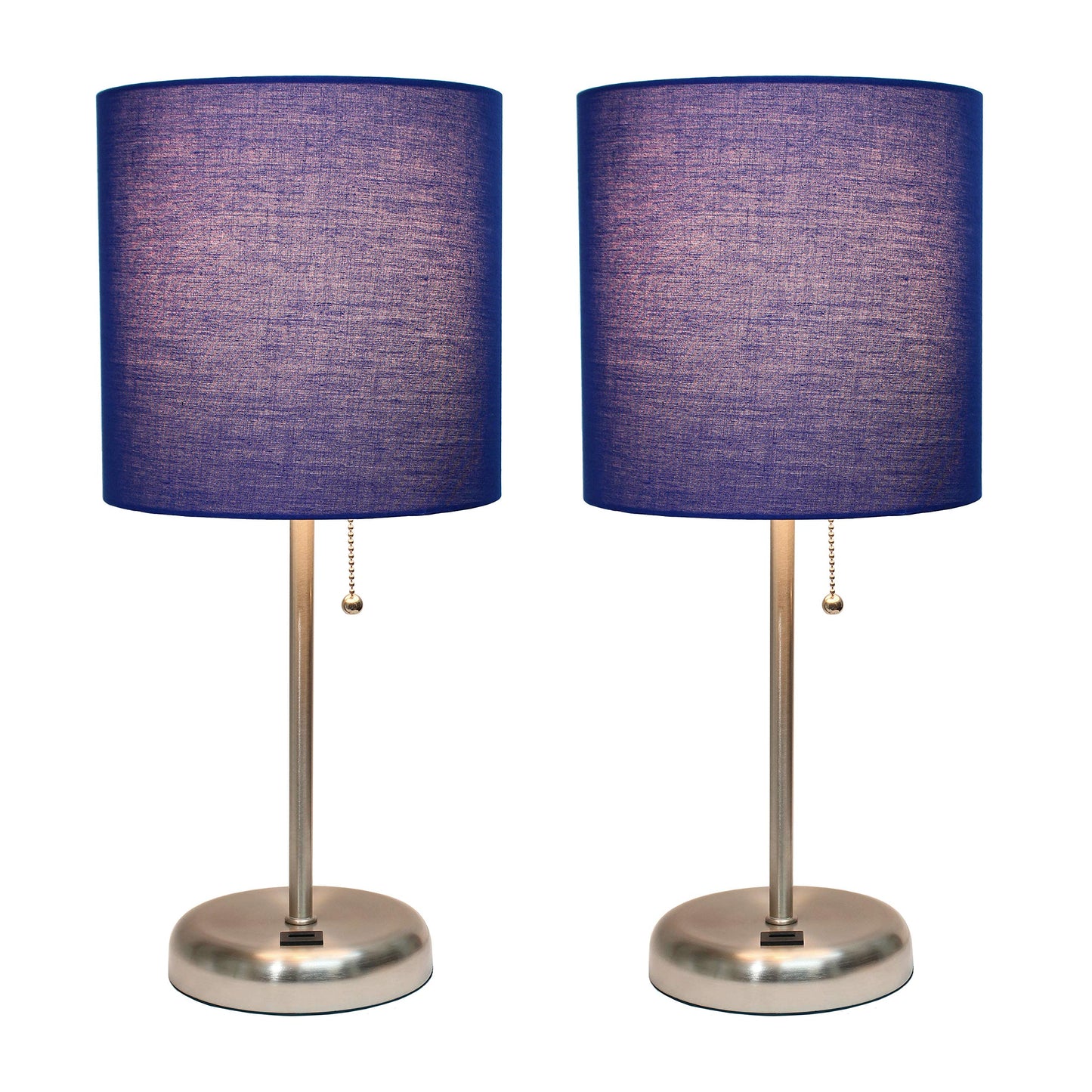 Simple Designs LC2002-NAV-2PK Brushed Steel Table Lamp Set with USB Charging Port, Navy Blue Shades, 2 Pack