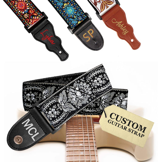 Art Tribute Personalized Guitar Strap Black Silver Classic Woven, including - 2 Picks + Locks + Secure Button. Add Your Text and