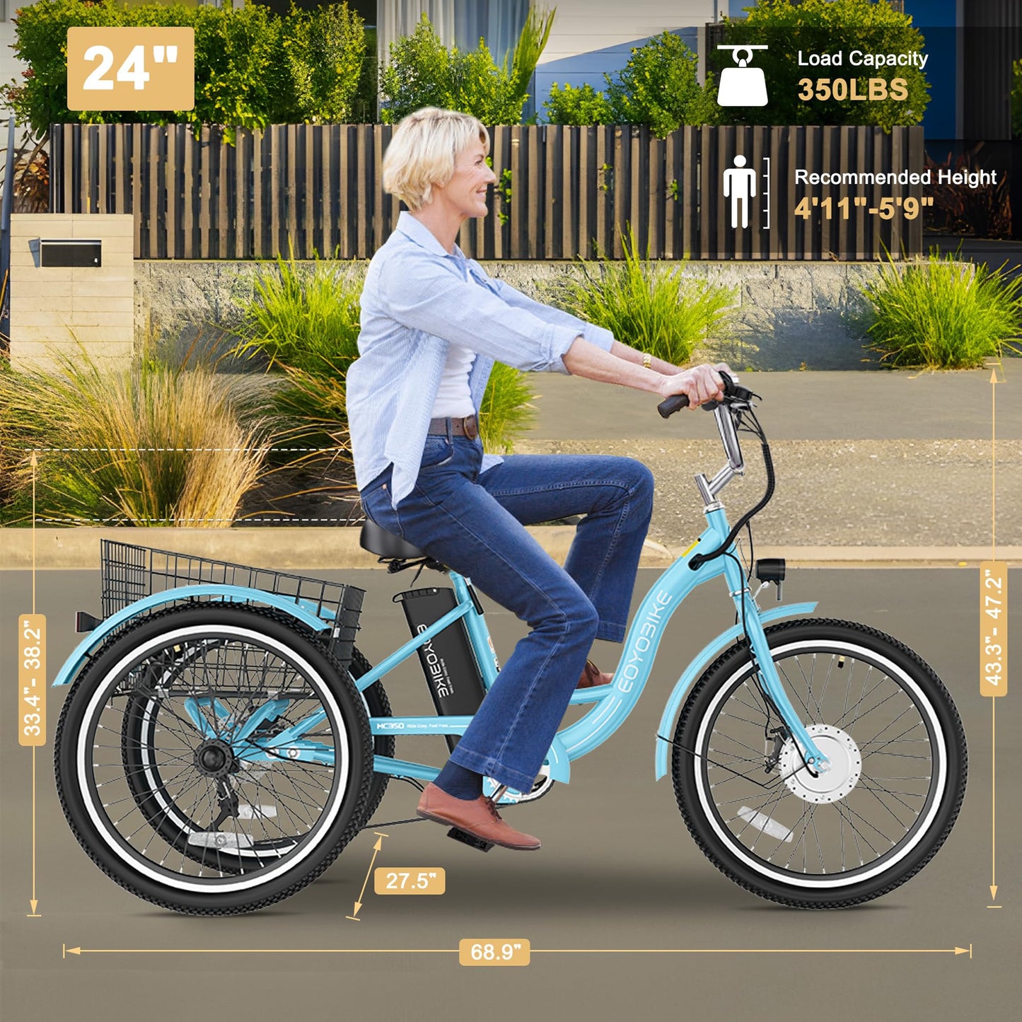 MOONCOOL Adult Electric Tricycle, 350W Front Drive Motor (Peak 700W), 15.5MPH E-Trike with Removable 36V 10.4Ah Battery, 40 Miles Range, 24/26 Inch 7-Speed 3 Wheel Electric Bike, Large Basket