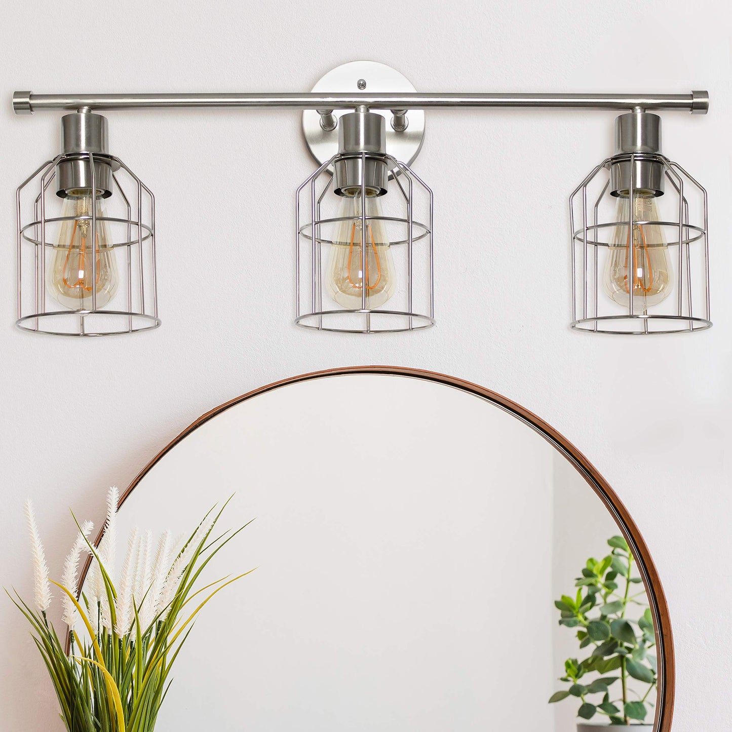 Elegant Designs VT1014-BSN 3-Light Cage Vanity Light, Iron, Brushed Nickel