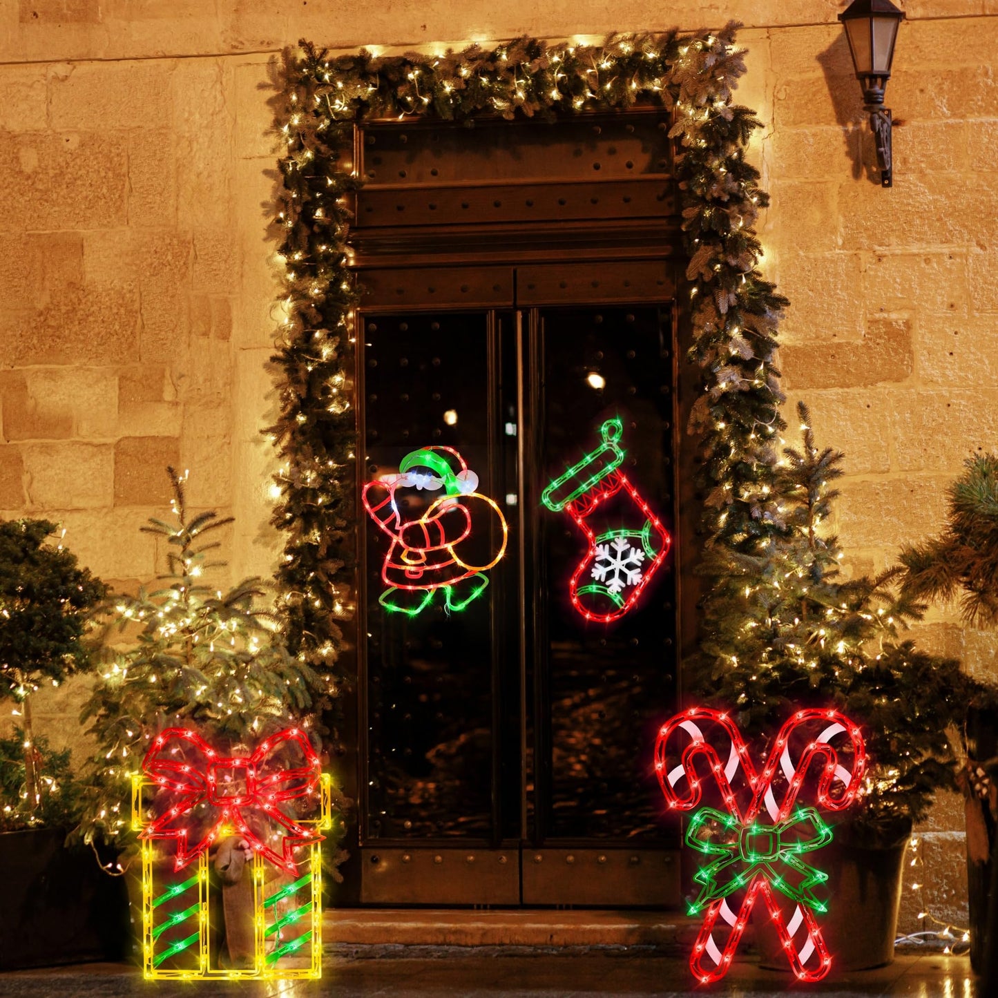 Trwymz 16 Christmas Window Silhouette Lights - 4 Pack Colour Lighted Christmas Stocking & Candy Cane & Gift Box & Santa For Holiday Indoor And Outdoor Wall Door Window Decorate