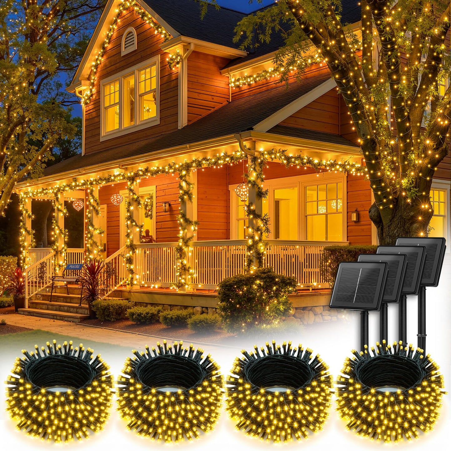 Brightown 4 Pack Solar String Lights Outdoor  Total 288Ft 800 Led Twinkle Fairy Lights Waterproof With 8 Modes Auto On/Off For Patio Tree Garden Party Home Wedding Christmas Decorations (Warm White)