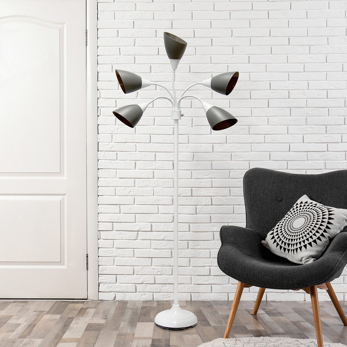 Simple Designs LF2006-GOW 67in White Gooseneck Floor Lamp with Gray Shades for Kids Bedroom, Playroom, Living Room, Office