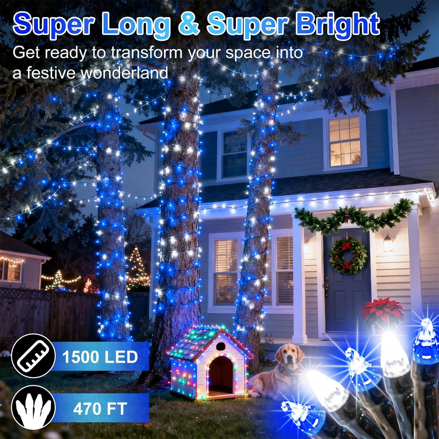 1500 Led 470Ft Christmas String Lights Outdoor  12 Pro Modes And Timer Memory & Brightness  Plug In Waterproof Dark Green Wire Twinkle Light For For Xmas Yard Tree Wedding Party Decor (Blue & White)
