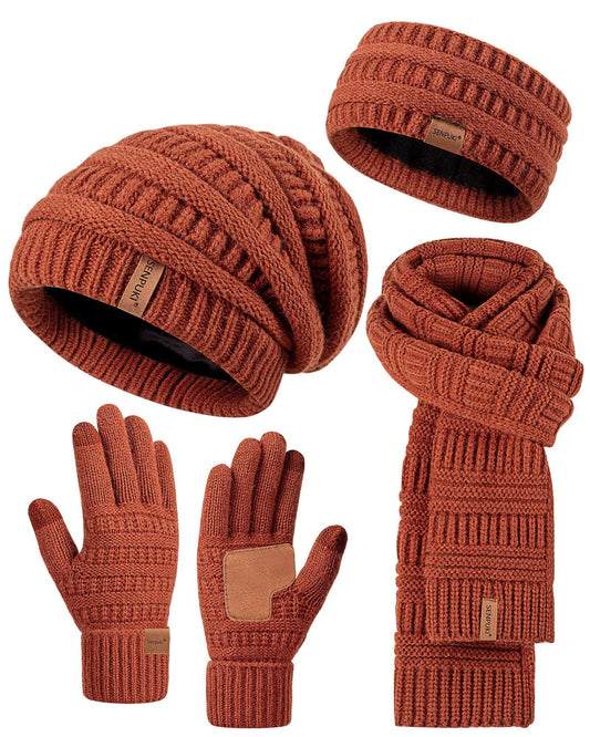 Womens Winter Beanie Hat Scarf Gloves Headband Set, Slouchy Beanie Ear Warmer Knit Scarf Touchscreen Gloves Warm 4 Gift Set
