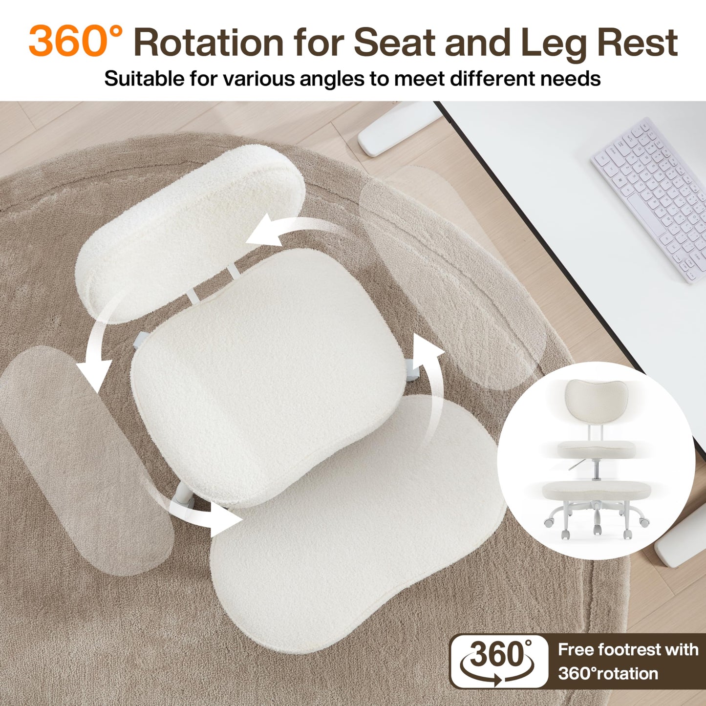 Fizzin Cross Legged Office Chair, Criss Cross Chair with Wheels Height Adjustable Seat for ADHD 360° Swivel Meditation Chair Chic Home Office Furniture (White-New)