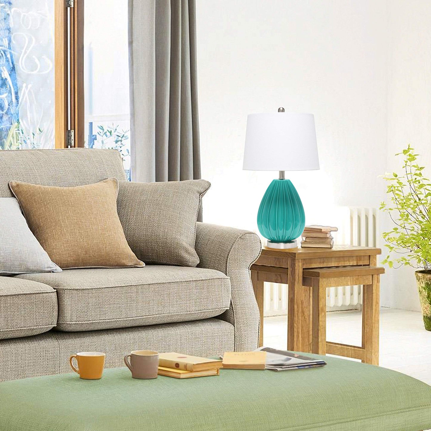Elegant Designs Teal Table Lamp, Fabric Shade, Model LT3320-TEL, Glass Material