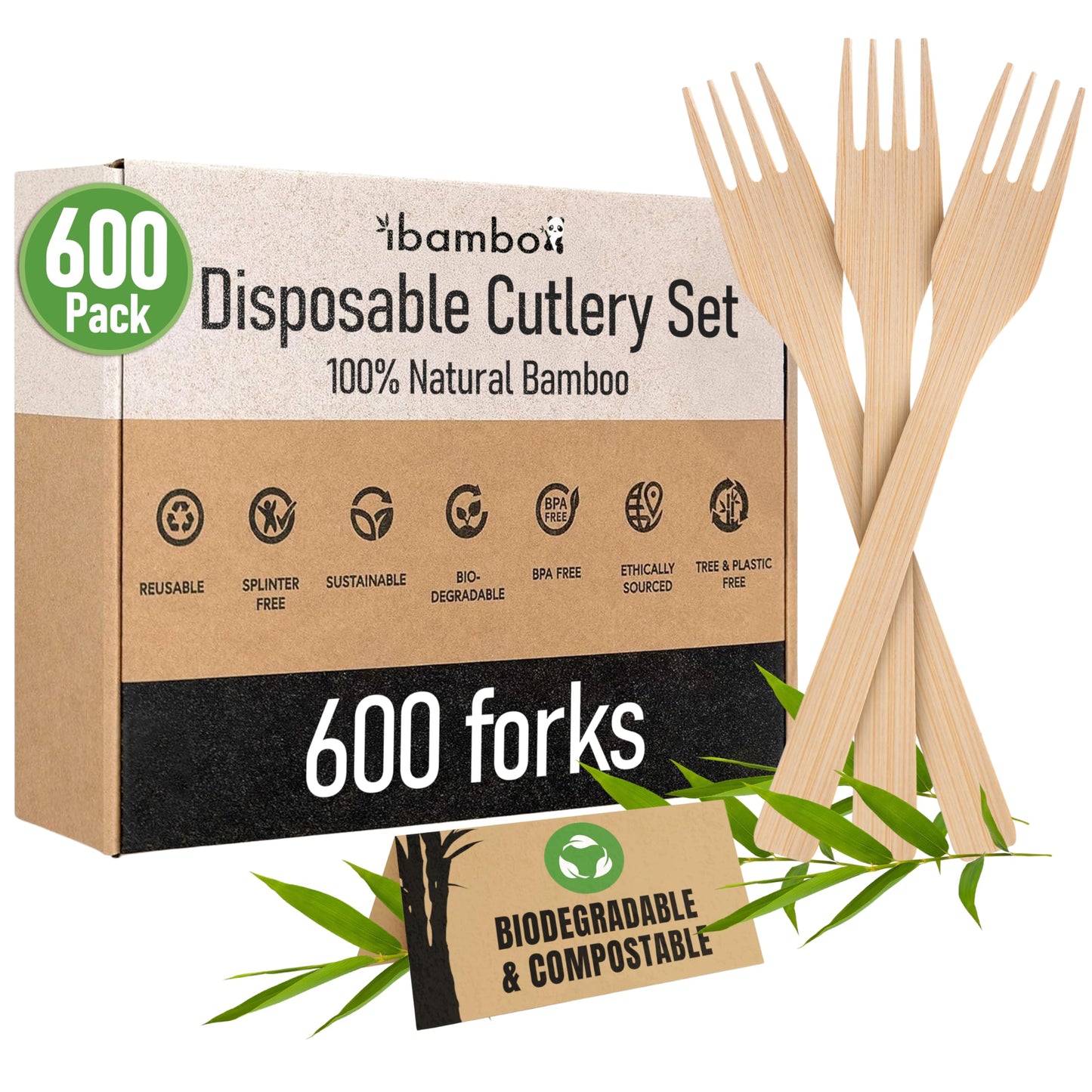100% Bamboo Forks Set - High End Disposable Cutlery (100 Biodegradable Forks) | Reusable or Disposable Bamboo Utensils | Compostable FSC Certified Flatware for Weddings, Camping, Parties