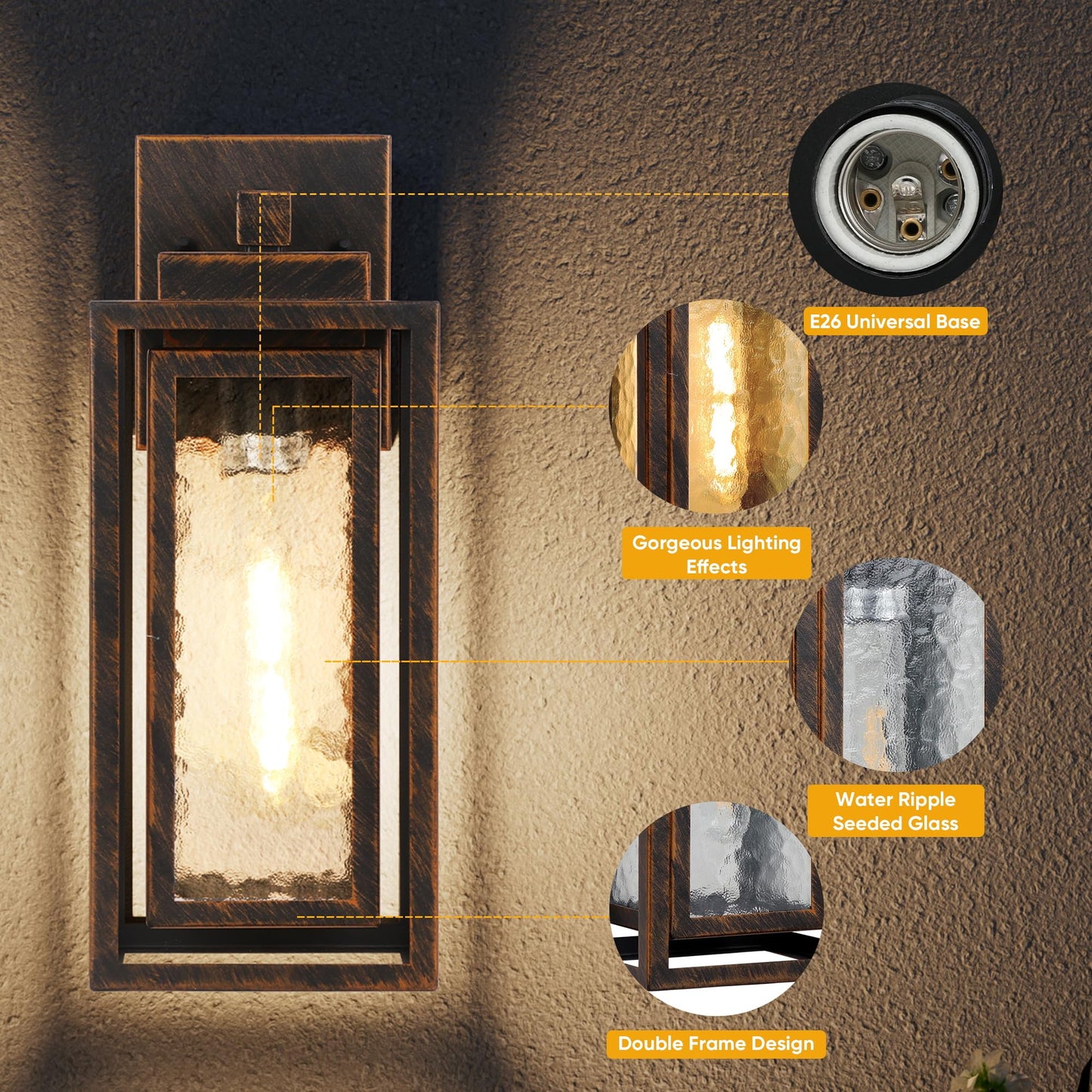 Water Ripple Exterior Porch Light Fixture  2 Pack Outdoor Wall Lantern Black Gold  Wall Mount Lamp  Waterproof Exterior Lighting Fixtures  Outside Garage Sconce Lighting  For Doorway Outdoor Indoor