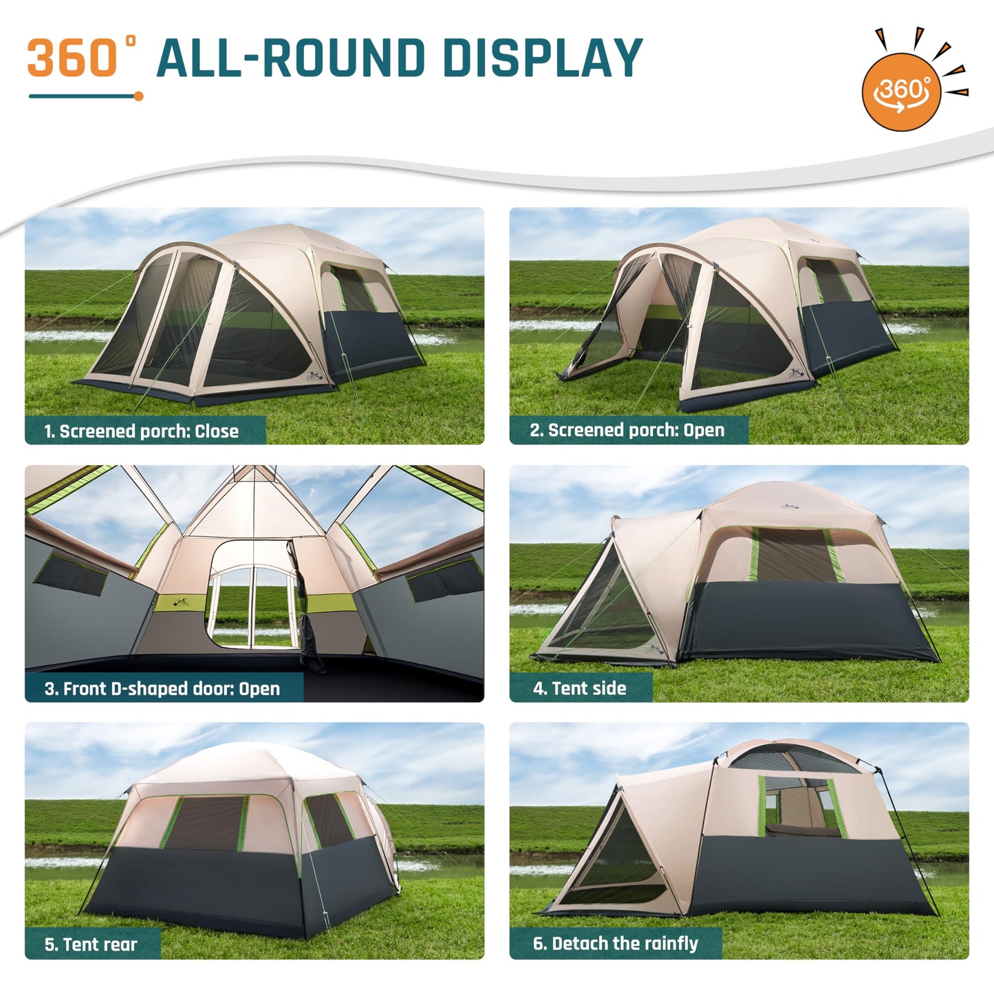 Tents for Camping 6 Person Camping Tent with Screen Porch, Weatherproof Large Cabin Tent with Rainfly and Carry Bag, Family Tent for Outdoor Camping and Backyard, Beige