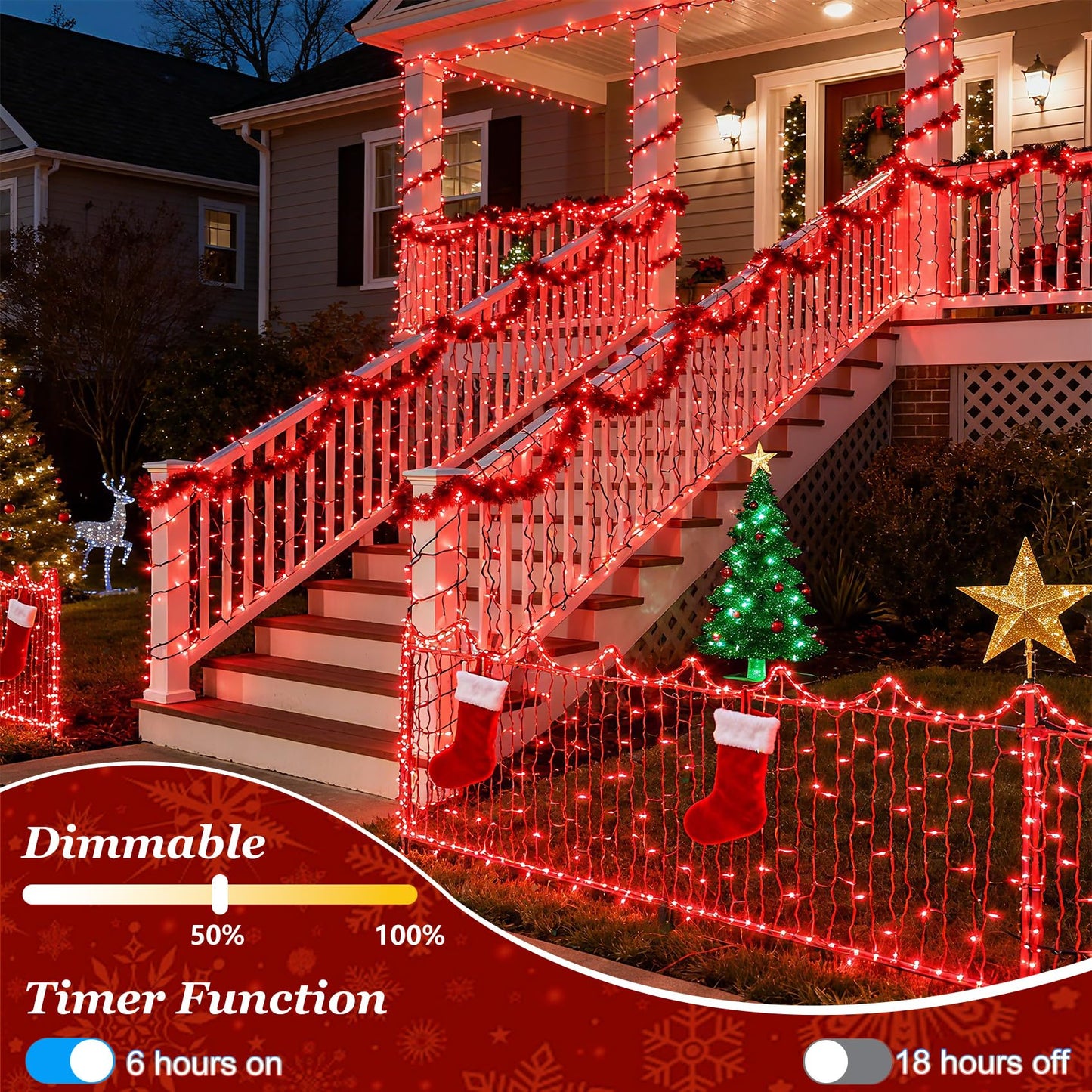 1500 Led 470Ft Christmas Lights Outdoor  Christmas String Fairy Lights With Timer & Memory  Waterproof 12 Modes Dimmable Twinkle Tree Lights For Home Patio Wedding Party Yard Xmas Decorations  Red