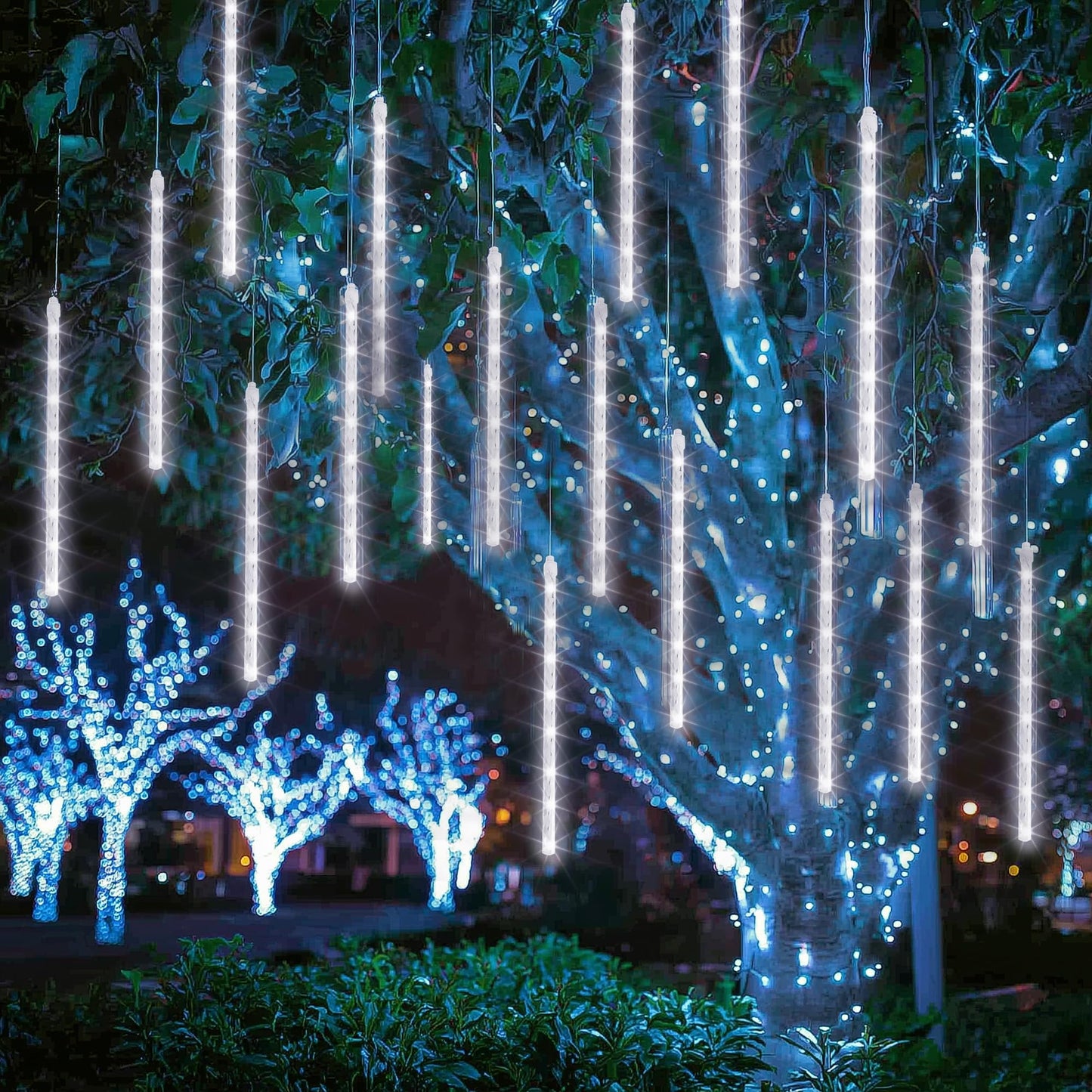 Dazzle Bright 1728 Led Christmas Light  Meteor Shower Rain Lights 11.8 Inch 48 Tubes  Waterproof Plug In Falling Rain Lights Decorations For Xmas Tree Yard Party (White)