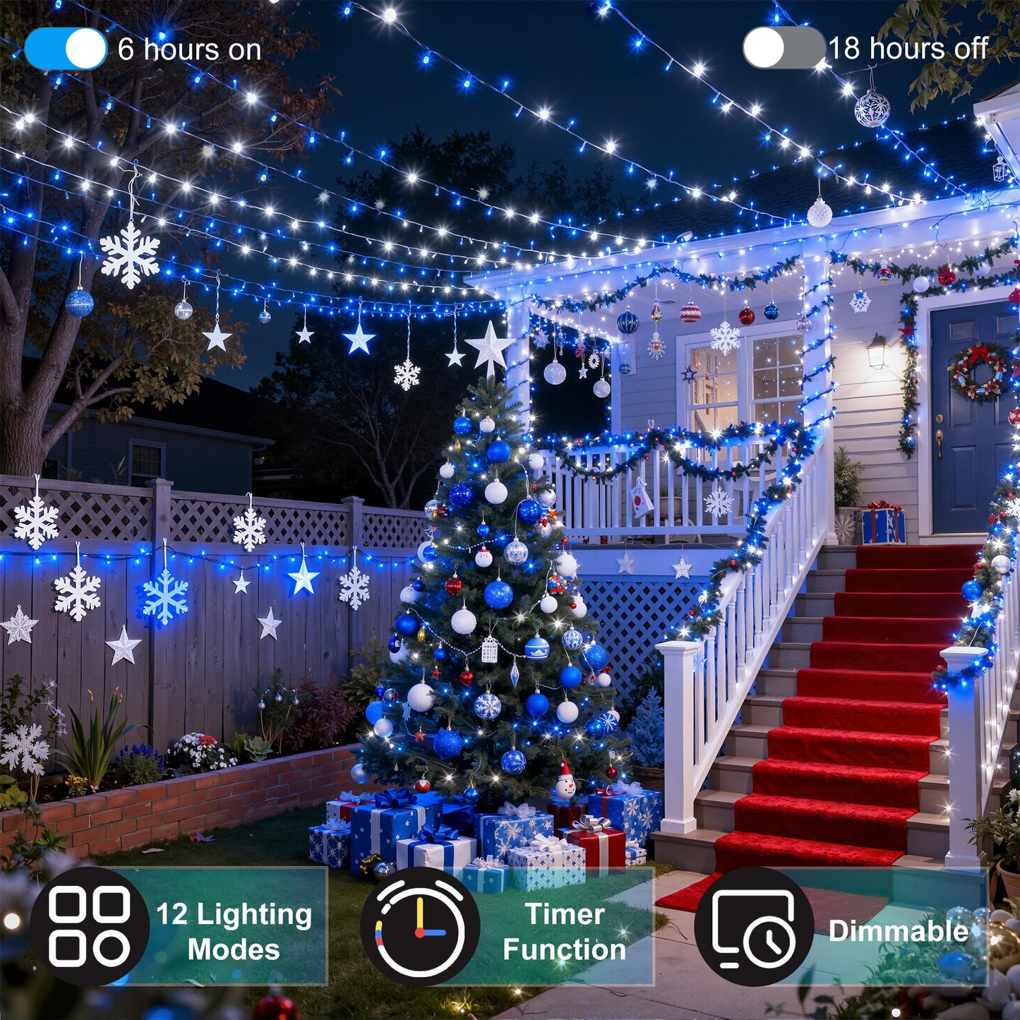 750Led Christmas Lights Outdoor Use  240Ft 12 Modes Blue And Cool White Led String Lights With Timer Dimmable  Waterproof Christmas Tree Lights For Xmas Patio Yard Fence Balcony Garden Decor