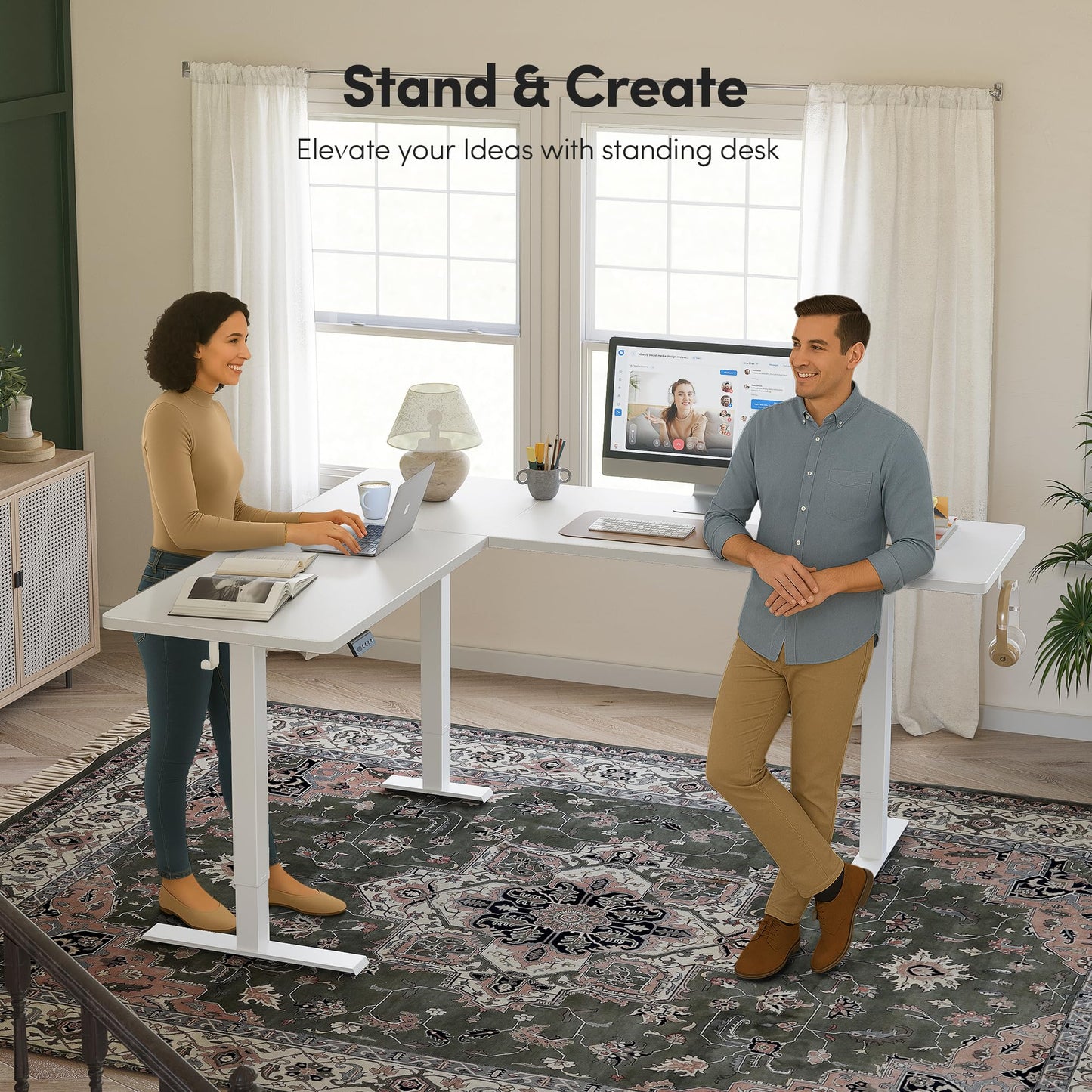 CubiCubi L Shaped Standing Desk 63 x 55 Inch Adjustable Height, Electric Corner Desk, Sit Stand Home Office Desk with Splice Board, White