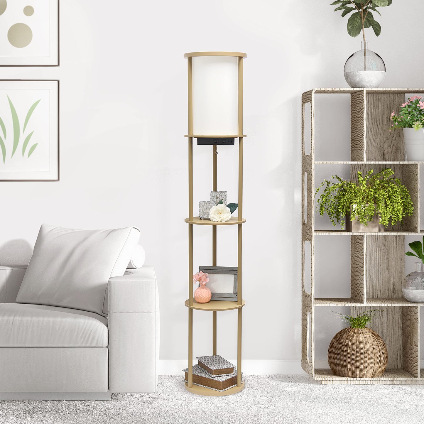 Simple Designs Round Shelf Etagere Floor Lamp with USB Ports, 62.5in, Tan, Model LF2010-TAN, Plastic Material
