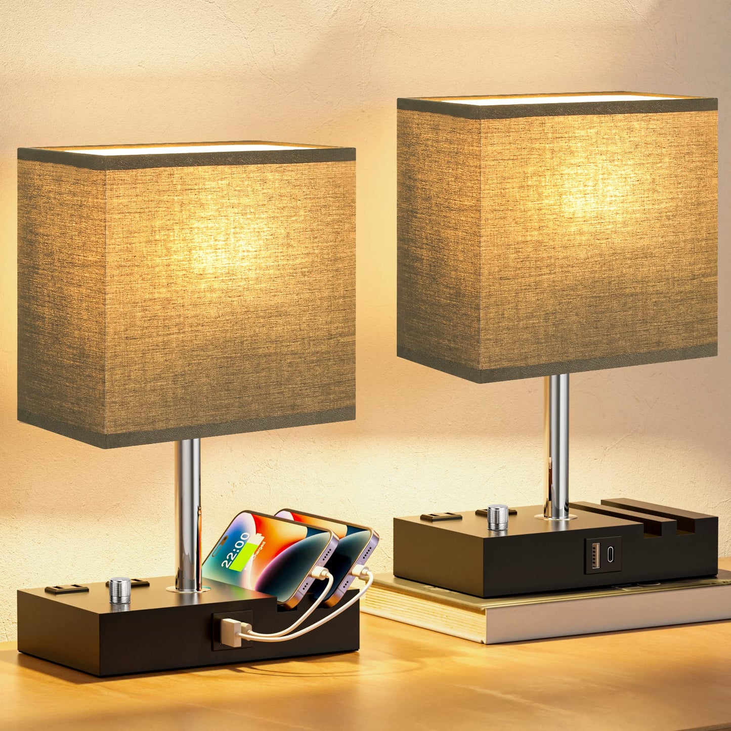 Kakanuo Bedside Lamps Set of 2, Fully Dimmable with USB C Ports, Black Lampshade, Wooden Desk Lamp for Nightstand and Living Room
