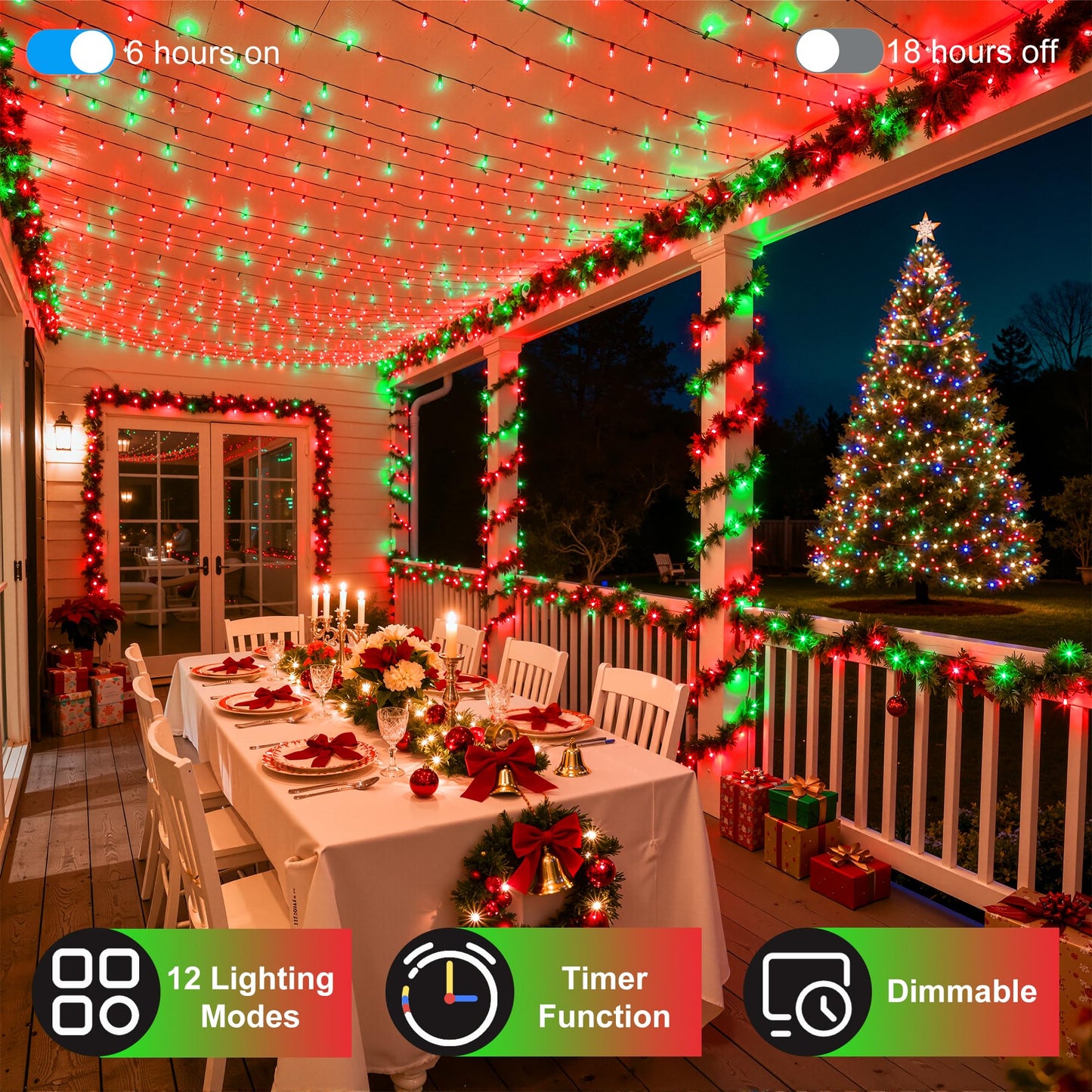 1500Led Christmas Lights Outdoor Use  470Ft 12 Modes Red And Green Led String Lights With Timer Dimmable  Waterproof Christmas Tree Lights For Xmas Patio Yard Fence Balcony Garden Party Decor