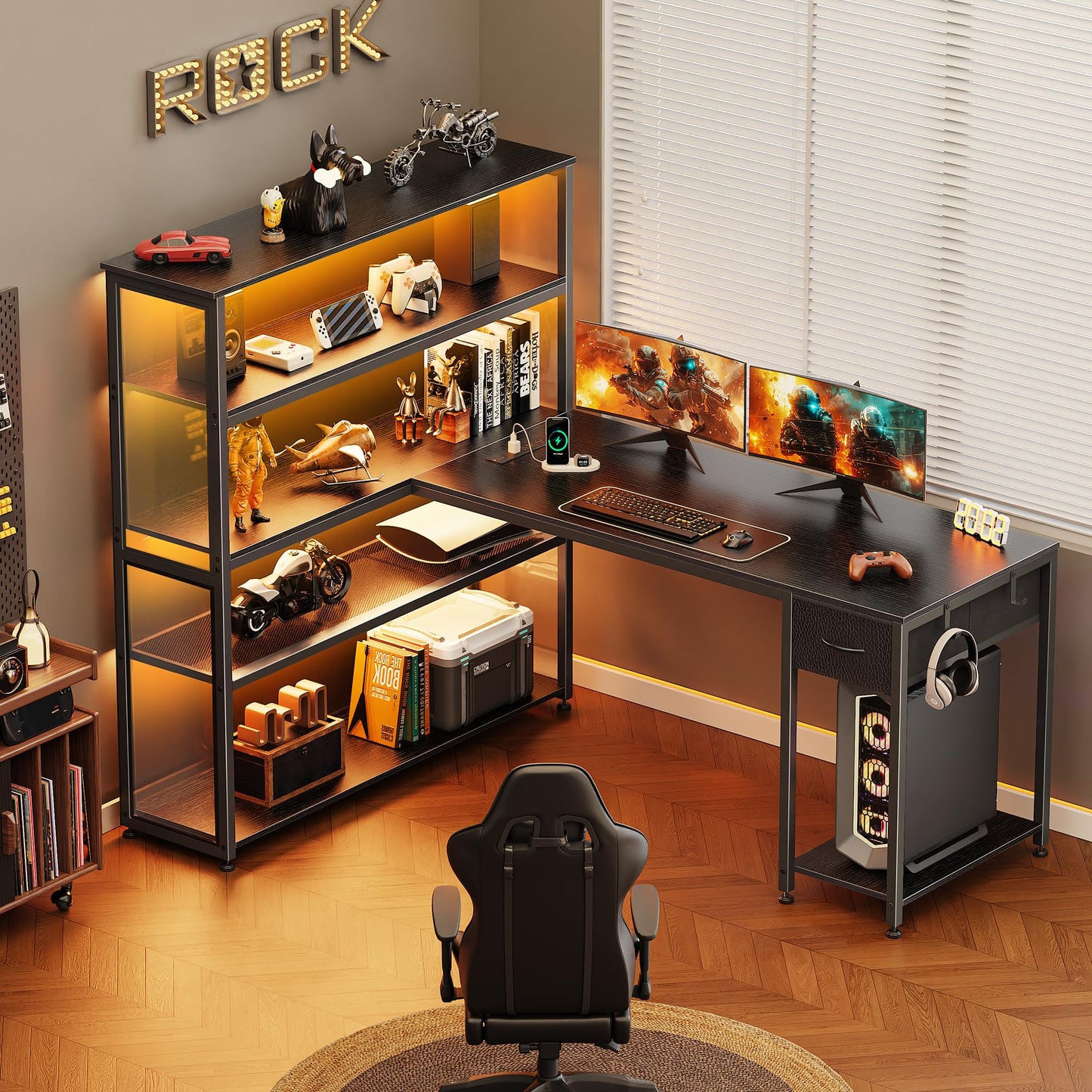 PRAISUN 57 Inch L Shaped Gaming Computer Desk with Larger Open Cabinet, Reverisble Office Desk with Power Outlets, LED Lights, Work Desk, Fabric Drawer, Adjustable Wood and Mesh Shelf, Black