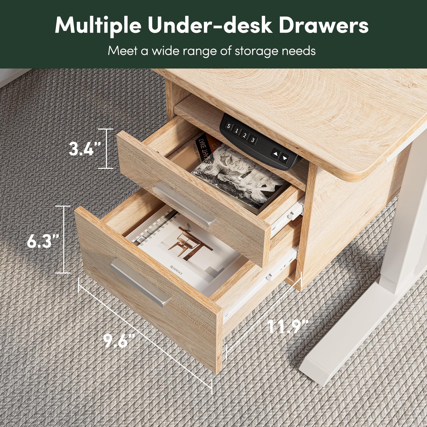 CubiCubi Standing Desk with Wood Drawers, 48" x 24" Electric Height Adjustable Table with Monitor Shelf, 3 Drawers and Open Storage, Computer Home Office Sit and Stand up Workstation, Maple