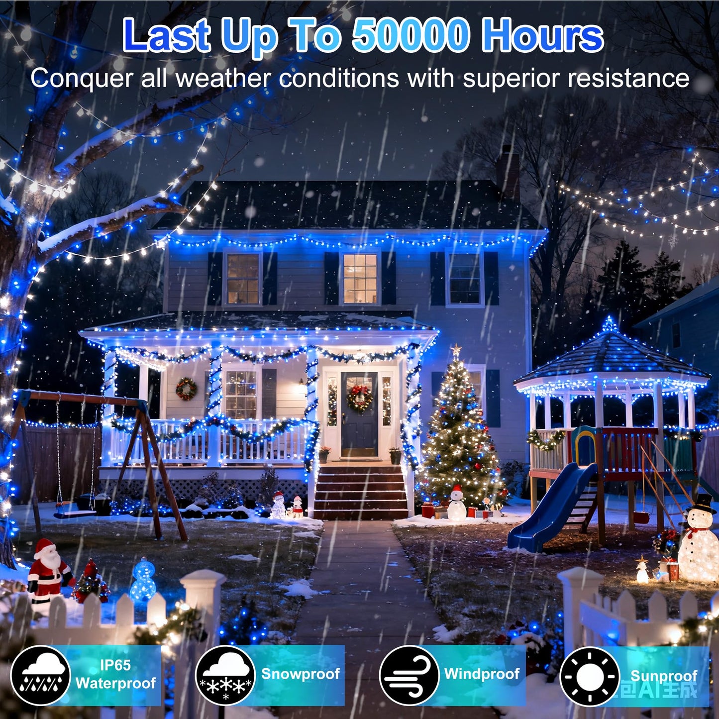 750 Led 240Ft Christmas String Lights Outdoor  12 Pro Modes And Timer Memory & Brightness  Plug In Outdoor Waterproof Clear Wire Twinkle Light For For Xmas Yard Tree Wedding Party Decor (Blue & White)