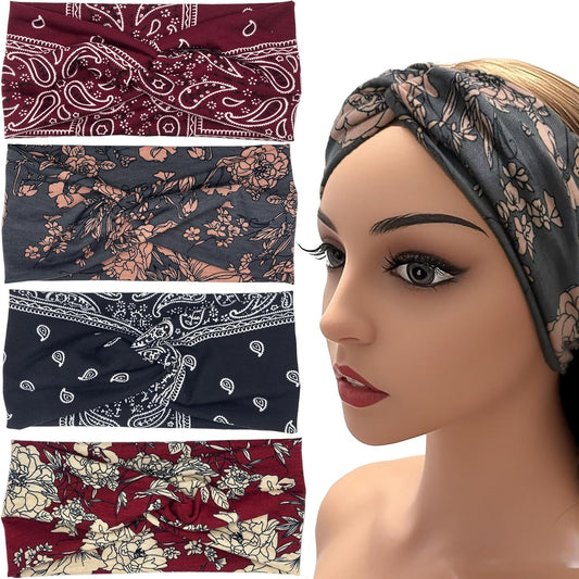 4PCS Boho Knotted Fashion Sports Headbands, Non-Slip Stylish Sports Hair Bands for Women, Soft Cotton Cloth Stretchy Headbands for Yoga, Outdoor Exercise Running
