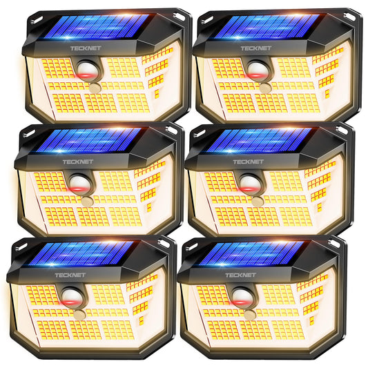 Tecknet 231 Led Motion Sensor Outdoor Lights  6 Pack  300 Solar Security Wall Lights  3 Lighting Modes  Ip65 Waterproof  Pir Motion Sensor For Outside  Fence  Garden  Yard  Deck  Garage - Warm White