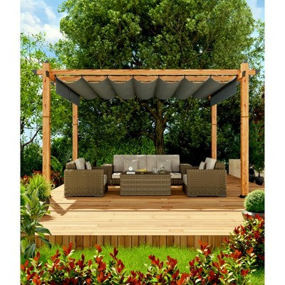 10x10 Ft Outdoor Pergola with Retractable Canopy - Upgraded Aluminum Wood Grain Metal, Modern Backyard Deck, Porch, Durable & Stylish Grape Trellis